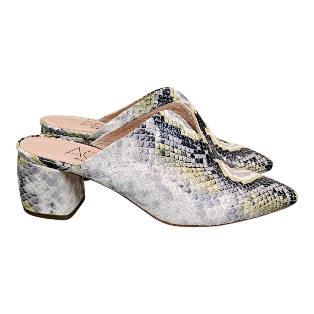 AGL Leather Snakeskin Pointed Toe Mules Size 7.5 Green & Gray Designer Luxury - Picture 2 of 15